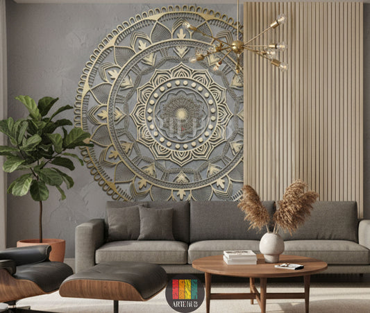 A luxurious modern living room features a large, detailed 3D golden mandala wallpaper on a grey accent wall, enhancing contemporary decor in Egypt.
صورة لغرفة معيشة عصرية فاخرة، تتميز بورق حائط ماندالا ذهبي ثلاثي الأبعاد كبير ومفصل على حائط رمادي، يعزز الديكور المعاصر في مصر.
room: living room