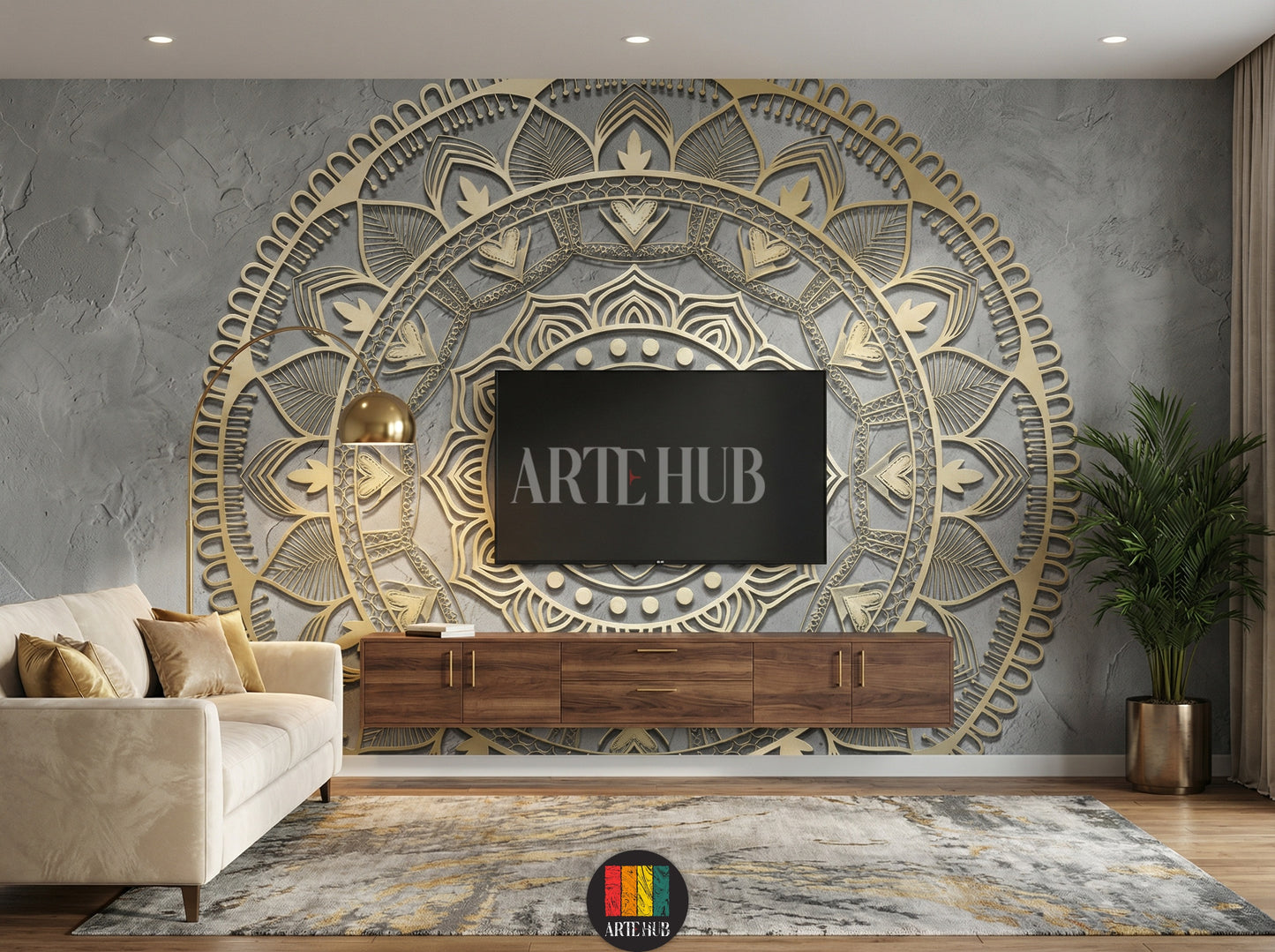 A luxurious modern living room features a large, detailed 3D golden mandala wallpaper on a grey accent wall, enhancing contemporary decor in Egypt.
صورة لغرفة معيشة عصرية فاخرة، تتميز بورق حائط ماندالا ذهبي ثلاثي الأبعاد كبير ومفصل على حائط رمادي، يعزز الديكور المعاصر في مصر.
room: tv 