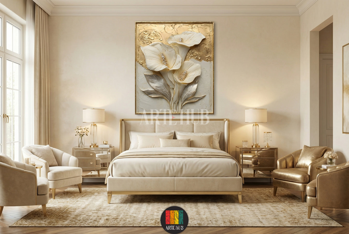 A sophisticated 3D Calla Lily canvas wall art with gold and white textures, hanging above a dark wood console table in a luxurious hallway with a spiral staircase, perfect for upscale Egyptian interiors.
تابلوه كانفاس فاخر ثلاثي الأبعاد بتصميم زهور الكالا باللونين الذهبي والأبيض، معلق فوق طاولة كونسول خشبية داكنة في مدخل فخم مع درابزين ذهبي، مثالي للديكورات الراقية في مصر.