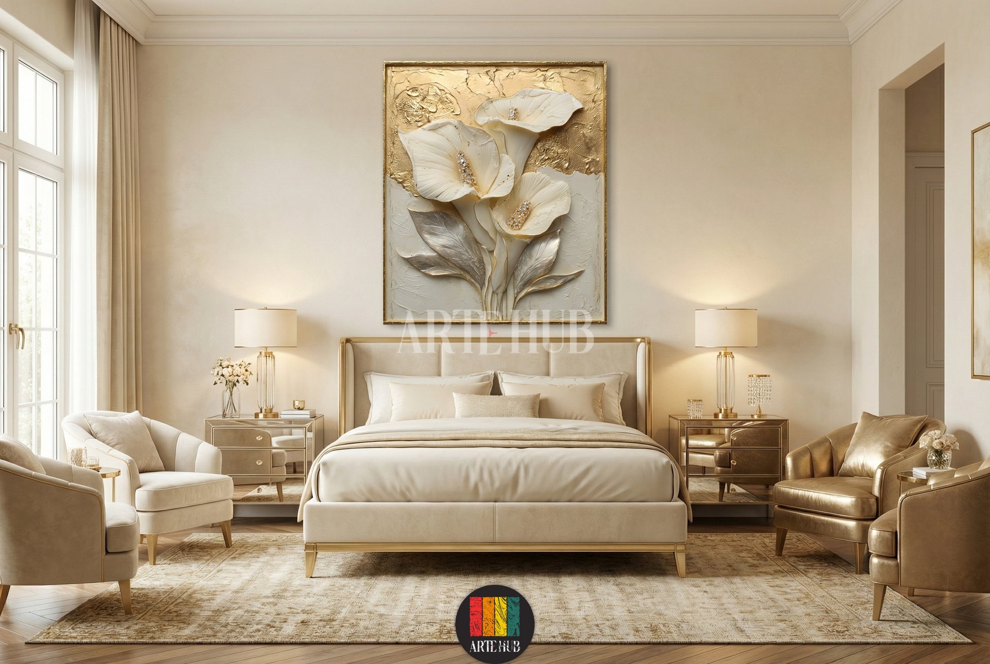 A sophisticated 3D Calla Lily canvas wall art with gold and white textures, hanging above a dark wood console table in a luxurious hallway with a spiral staircase, perfect for upscale Egyptian interiors.
تابلوه كانفاس فاخر ثلاثي الأبعاد بتصميم زهور الكالا باللونين الذهبي والأبيض، معلق فوق طاولة كونسول خشبية داكنة في مدخل فخم مع درابزين ذهبي، مثالي للديكورات الراقية في مصر.