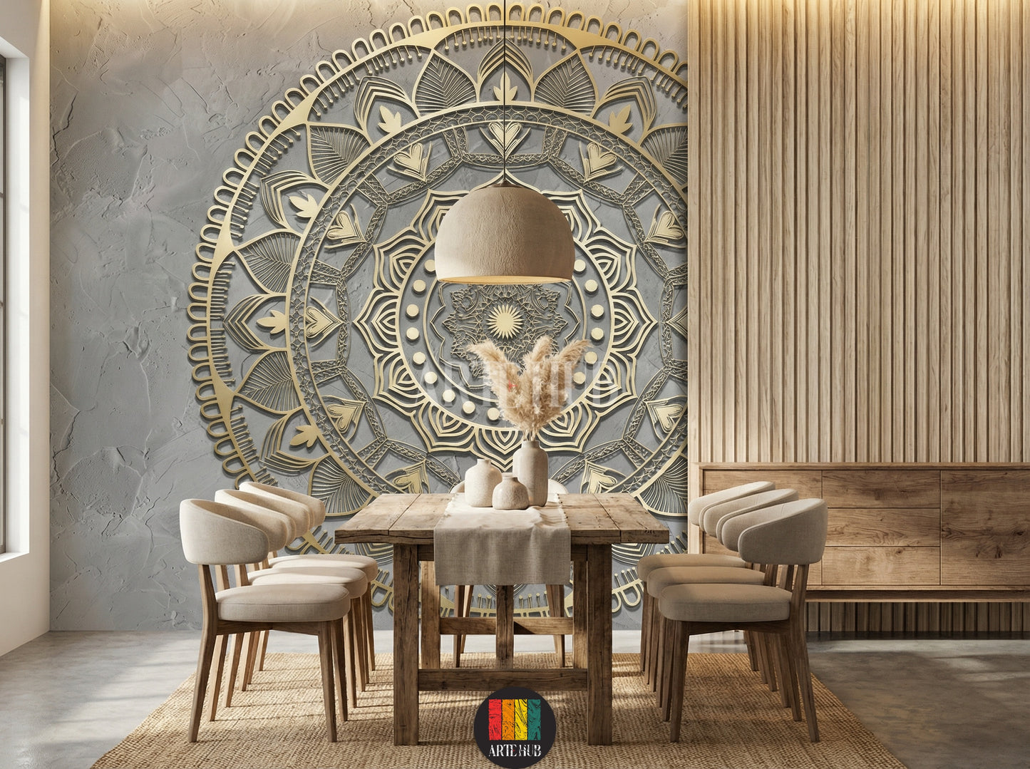 A luxurious modern dining room features a large, detailed 3D golden mandala wallpaper on a grey accent wall, enhancing contemporary decor in Egypt.
صورة لغرفة سفرة عصرية فاخرة، تتميز بورق حائط ماندالا ذهبي ثلاثي الأبعاد كبير ومفصل على حائط رمادي، يعزز الديكور المعاصر في مصر.
room: dining room