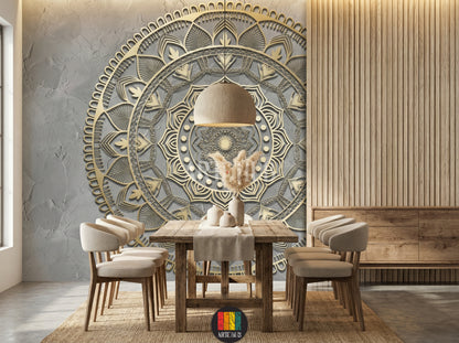 A luxurious modern dining room features a large, detailed 3D golden mandala wallpaper on a grey accent wall, enhancing contemporary decor in Egypt.
صورة لغرفة سفرة عصرية فاخرة، تتميز بورق حائط ماندالا ذهبي ثلاثي الأبعاد كبير ومفصل على حائط رمادي، يعزز الديكور المعاصر في مصر.
room: dining room
