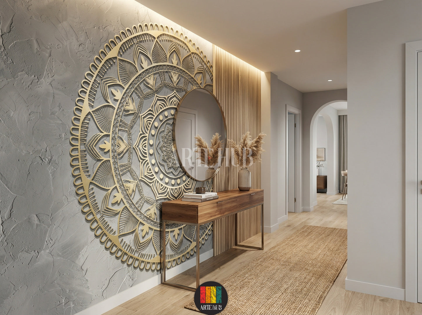 A luxurious modern hallway features a large, detailed 3D golden mandala wallpaper on a grey accent wall, enhancing contemporary decor in Egypt.
صورة لممر عصري فاخر، تتميز بورق حائط ماندالا ذهبي ثلاثي الأبعاد كبير ومفصل على حائط رمادي، يعزز الديكور المعاصر في مصر.
room: hallway