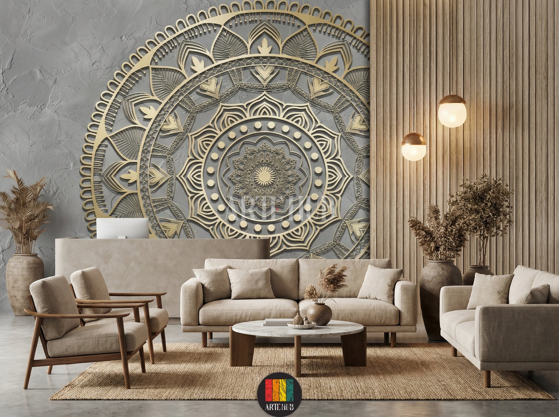 A luxurious modern lobby features a large, detailed 3D golden mandala wallpaper on a grey accent wall, enhancing contemporary decor in Egypt.
صورة لريسيبشن فندق عصري فاخر، تتميز بورق حائط ماندالا ذهبي ثلاثي الأبعاد كبير ومفصل على حائط رمادي، يعزز الديكور المعاصر في مصر.
room: lobby