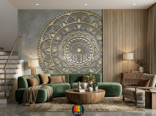 A luxurious modern stairs features a large, detailed 3D golden mandala wallpaper on a grey accent wall, enhancing contemporary decor in Egypt.
صورة لسلم عصري فاخرة، تتميز بورق حائط ماندالا ذهبي ثلاثي الأبعاد كبير ومفصل على حائط رمادي، يعزز الديكور المعاصر في مصر.
room: stairs
