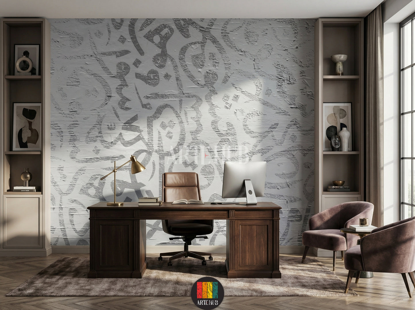 Full view of a luxurious dining room featuring abstract Arabic calligraphy wallpaper in muted tones. The room includes a dark wood dining table, emerald green velvet chairs with geometric patterns, a gold chandelier, and wall sconces. A decorative mirror and buffet cabinet complete the elegant Egyptian interior design.
صورة كاملة لغرفة طعام فاخرة بورق حائط بتصميم الخط العربي التجريدي بألوان هادئة. تتضمن الغرفة طاولة طعام خشبية داكنة، وكراسي مخملية خضراء زمردية بنقوش .
room: office