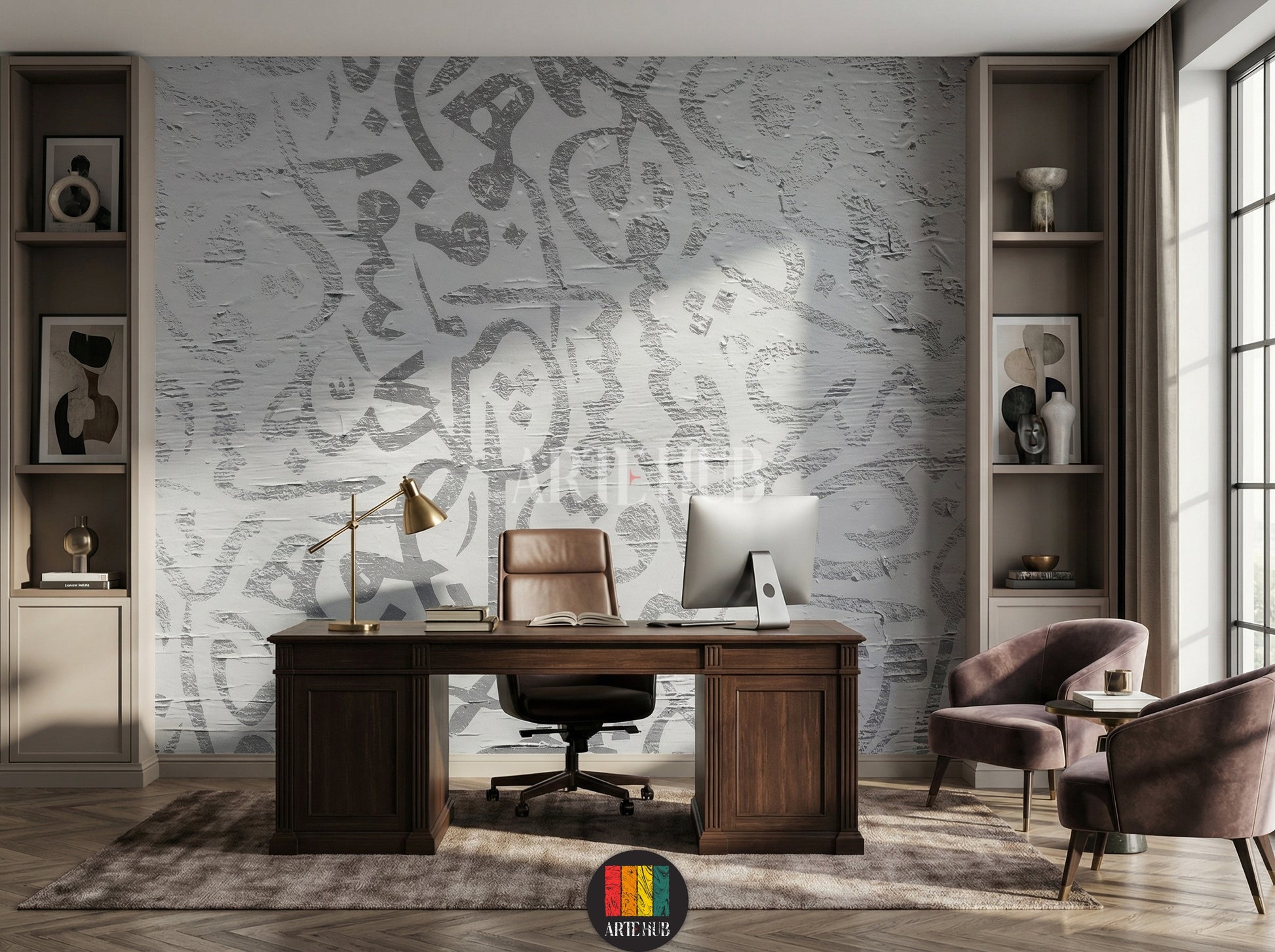 Full view of a luxurious dining room featuring abstract Arabic calligraphy wallpaper in muted tones. The room includes a dark wood dining table, emerald green velvet chairs with geometric patterns, a gold chandelier, and wall sconces. A decorative mirror and buffet cabinet complete the elegant Egyptian interior design.
صورة كاملة لغرفة طعام فاخرة بورق حائط بتصميم الخط العربي التجريدي بألوان هادئة. تتضمن الغرفة طاولة طعام خشبية داكنة، وكراسي مخملية خضراء زمردية بنقوش .
room: office