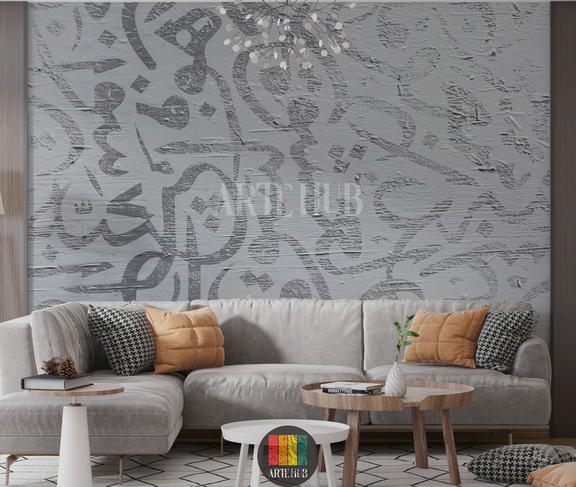 Full view of a luxurious dining room featuring abstract Arabic calligraphy wallpaper in muted tones. The room includes a dark wood dining table, emerald green velvet chairs with geometric patterns, a gold chandelier, and wall sconces. A decorative mirror and buffet cabinet complete the elegant Egyptian interior design.
صورة كاملة لغرفة طعام فاخرة بورق حائط بتصميم الخط العربي التجريدي بألوان هادئة. تتضمن الغرفة طاولة طعام خشبية داكنة، وكراسي مخملية خضراء زمردية بنقوش  جدارية.
room: living room