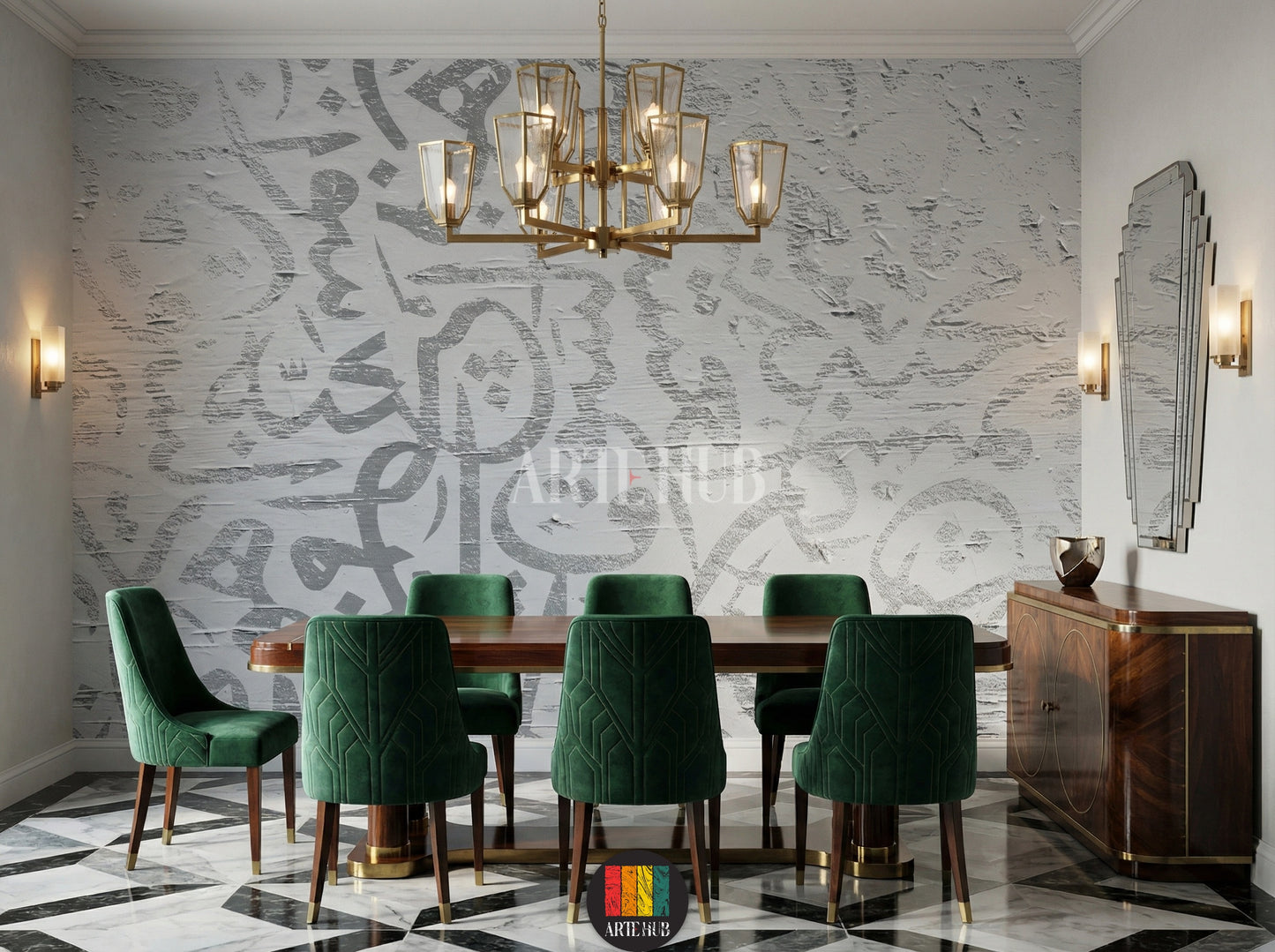 Full view of a luxurious dining room featuring abstract Arabic calligraphy wallpaper in muted tones. The room includes a dark wood dining table, emerald green velvet chairs with geometric patterns, a gold chandelier, and wall sconces. A decorative mirror and buffet cabinet complete the elegant Egyptian interior design.
صورة كاملة لغرفة طعام فاخرة بورق حائط بتصميم الخط العربي التجريدي بألوان هادئة. تتضمن الغرفة طاولة طعام خشبية داكنة، وكراسي مخملية خضراء زمردية بنقوش  جدارية.
room: dining room