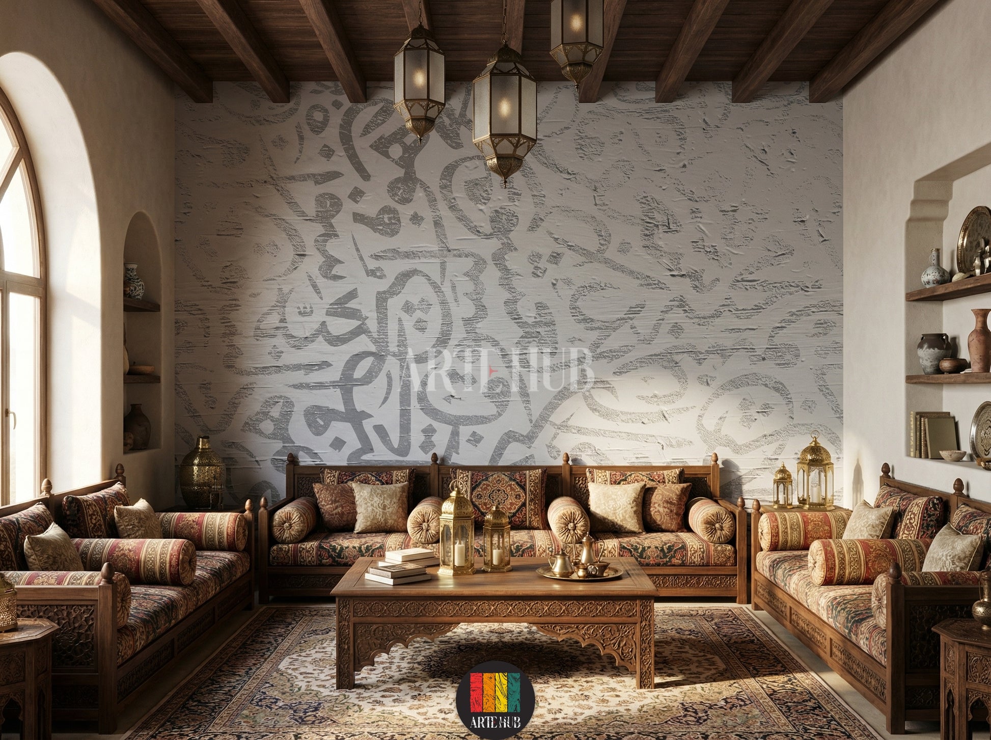 Full view of a luxurious dining room featuring abstract Arabic calligraphy wallpaper in muted tones. The room includes a dark wood dining table, emerald green velvet chairs with geometric patterns, a gold chandelier, and wall sconces. A decorative mirror and buffet cabinet complete the elegant Egyptian interior design.
صورة كاملة لغرفة طعام فاخرة بورق حائط بتصميم الخط العربي التجريدي بألوان هادئة. تتضمن الغرفة طاولة طعام خشبية داكنة، وكراسي مخملية خضراء زمردية بنقوش .
room: majles room