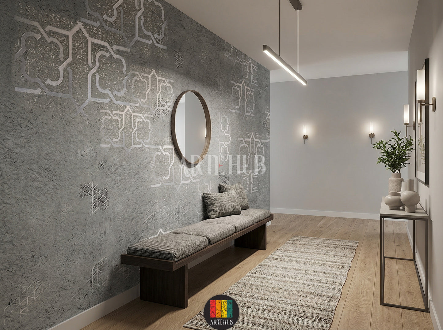 Elegant grey wallpaper with silver Moroccan geometric patterns adorns a luxurious Egyptian halway. Features cream sofas, ornate tables, and traditional lanterns.
ممر بورق حائط رمادي بنقوش هندسية مغربية فضية. أرائك كريمية، طاولات مزخرفة، وفوانيس تقليدية تبرز الديكور الراقي في مصر.
room: halway