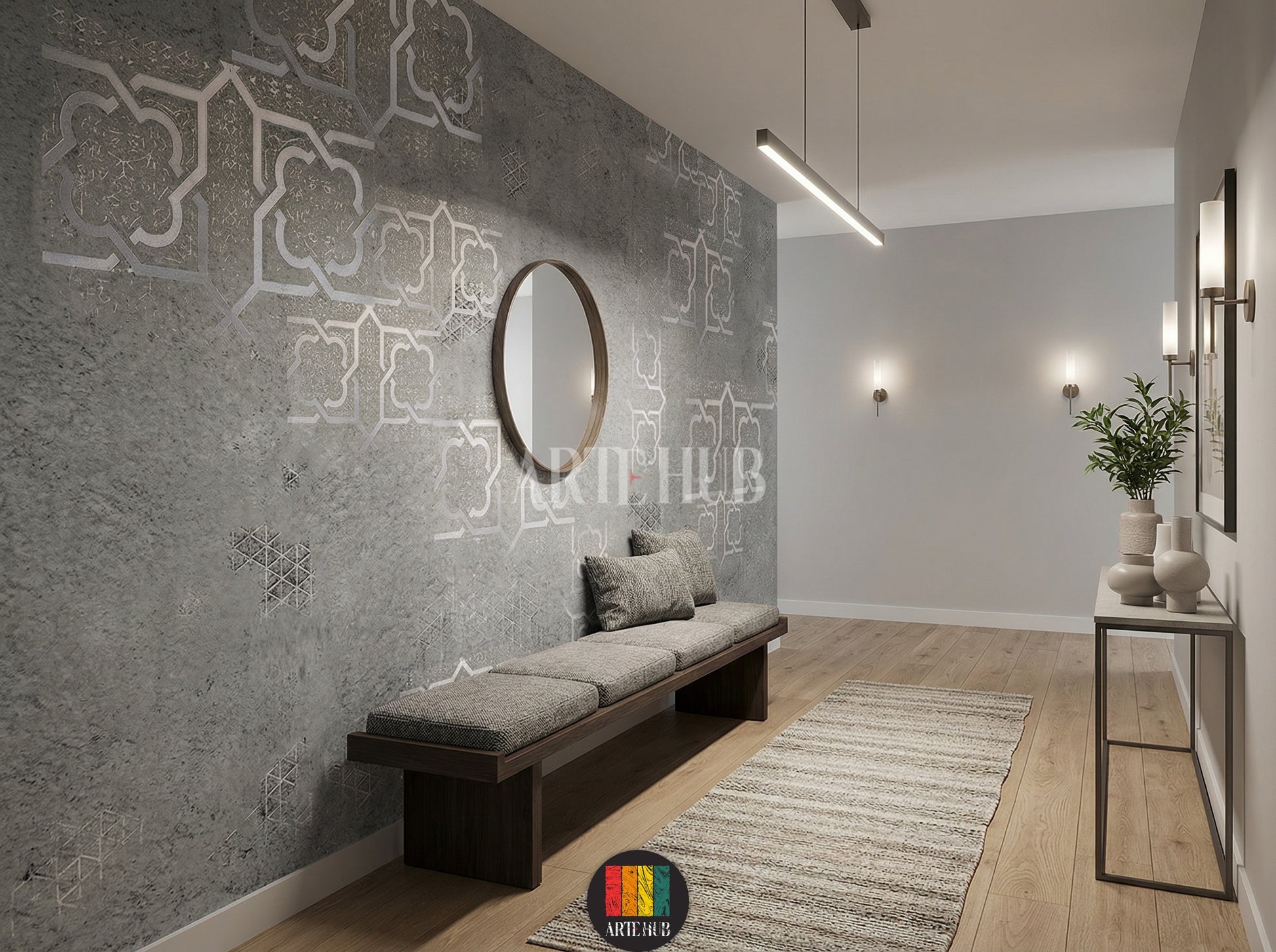 Elegant grey wallpaper with silver Moroccan geometric patterns adorns a luxurious Egyptian halway. Features cream sofas, ornate tables, and traditional lanterns.
ممر بورق حائط رمادي بنقوش هندسية مغربية فضية. أرائك كريمية، طاولات مزخرفة، وفوانيس تقليدية تبرز الديكور الراقي في مصر.
room: halway