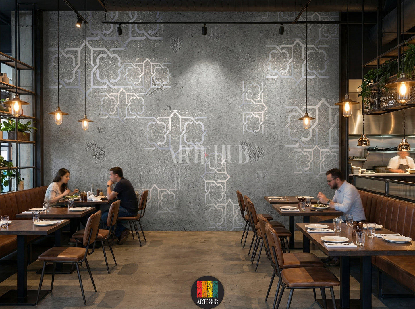 Elegant grey wallpaper with silver Moroccan geometric patterns adorns a luxurious Egyptian restaurant. Features cream sofas, ornate tables, and traditional lanterns.
مطعم بورق حائط رمادي بنقوش هندسية مغربية فضية. أرائك كريمية، طاولات مزخرفة، وفوانيس تقليدية تبرز الديكور الراقي في مصر.
room: restaurant 