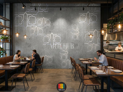 Elegant grey wallpaper with silver Moroccan geometric patterns adorns a luxurious Egyptian restaurant. Features cream sofas, ornate tables, and traditional lanterns.
مطعم بورق حائط رمادي بنقوش هندسية مغربية فضية. أرائك كريمية، طاولات مزخرفة، وفوانيس تقليدية تبرز الديكور الراقي في مصر.
room: restaurant 