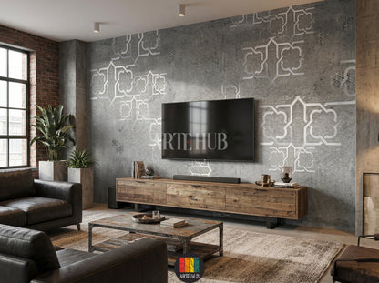 Elegant grey wallpaper with silver Moroccan geometric patterns adorns a luxurious Egyptian living room. Features cream sofas, ornate tables, and traditional lanterns.
غرفة معيشة فاخرة بورق حائط رمادي بنقوش هندسية مغربية فضية. أرائك كريمية، طاولات مزخرفة، وفوانيس تقليدية تبرز الديكور الراقي في مصر.
room: tv