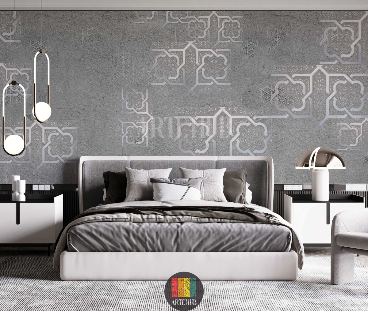 Elegant grey wallpaper with silver Moroccan geometric patterns adorns a luxurious Egyptian bedroom. Features cream sofas, ornate tables, and traditional lanterns.
غرفة نوم فاخرة بورق حائط رمادي بنقوش هندسية مغربية فضية. أرائك كريمية، طاولات مزخرفة، وفوانيس تقليدية تبرز الديكور الراقي في مصر.
room: bedroom