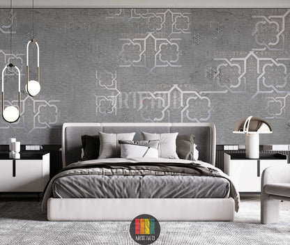Elegant grey wallpaper with silver Moroccan geometric patterns adorns a luxurious Egyptian bedroom. Features cream sofas, ornate tables, and traditional lanterns.
غرفة نوم فاخرة بورق حائط رمادي بنقوش هندسية مغربية فضية. أرائك كريمية، طاولات مزخرفة، وفوانيس تقليدية تبرز الديكور الراقي في مصر.
room: bedroom