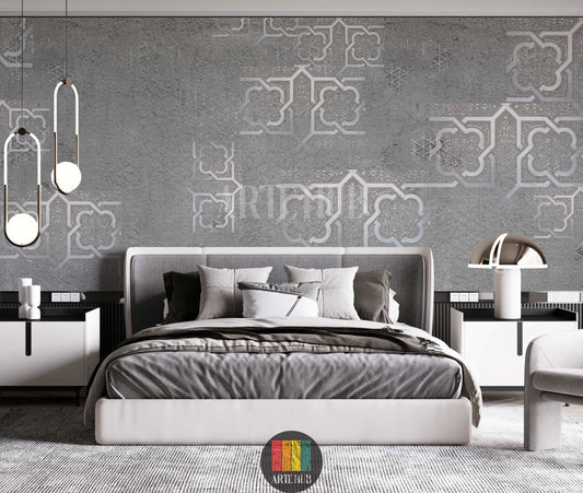 Elegant grey wallpaper with silver Moroccan geometric patterns adorns a luxurious Egyptian bedroom. Features cream sofas, ornate tables, and traditional lanterns.
غرفة نوم فاخرة بورق حائط رمادي بنقوش هندسية مغربية فضية. أرائك كريمية، طاولات مزخرفة، وفوانيس تقليدية تبرز الديكور الراقي في مصر.
room: bedroom