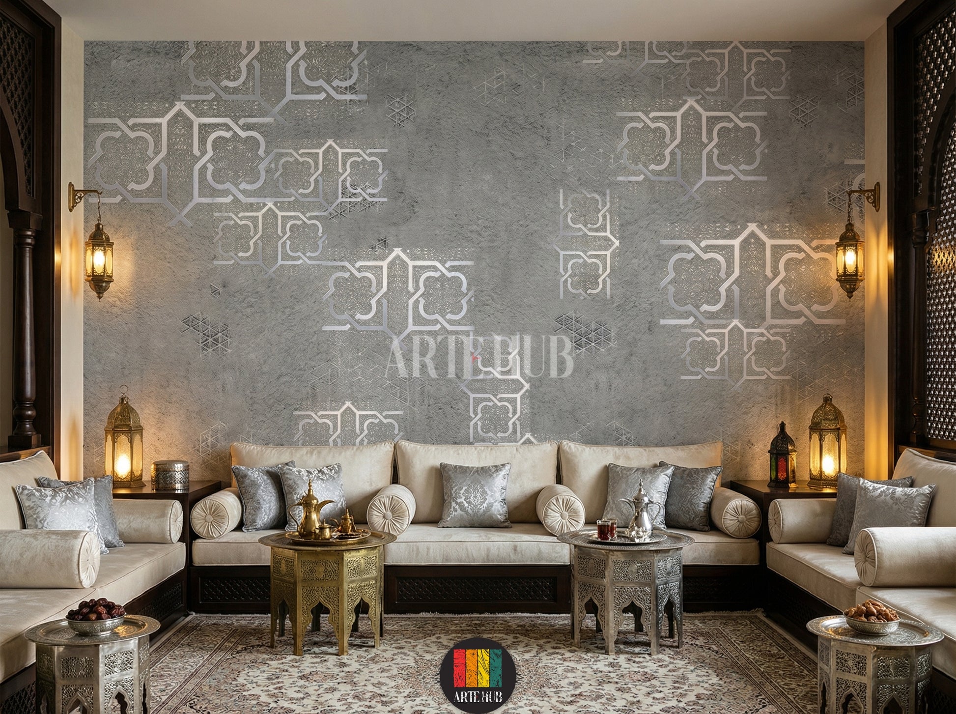 Elegant grey wallpaper with silver Moroccan geometric patterns adorns a luxurious Egyptian majles room. Features cream sofas, ornate tables, and traditional lanterns.
غرفة معيشة فاخرة بورق حائط رمادي بنقوش هندسية مغربية فضية. أرائك كريمية، طاولات مزخرفة، وفوانيس تقليدية تبرز الديكور الراقي في مصر.
room: majles room