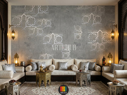 Elegant grey wallpaper with silver Moroccan geometric patterns adorns a luxurious Egyptian majles room. Features cream sofas, ornate tables, and traditional lanterns.
غرفة معيشة فاخرة بورق حائط رمادي بنقوش هندسية مغربية فضية. أرائك كريمية، طاولات مزخرفة، وفوانيس تقليدية تبرز الديكور الراقي في مصر.
room: majles room