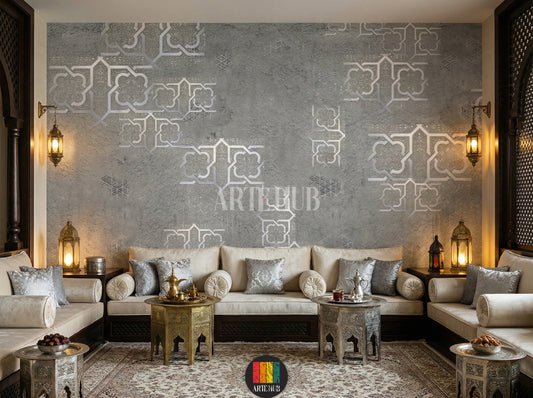 Elegant grey wallpaper with silver Moroccan geometric patterns adorns a luxurious Egyptian majles room. Features cream sofas, ornate tables, and traditional lanterns.
غرفة معيشة فاخرة بورق حائط رمادي بنقوش هندسية مغربية فضية. أرائك كريمية، طاولات مزخرفة، وفوانيس تقليدية تبرز الديكور الراقي في مصر.
room: majles room