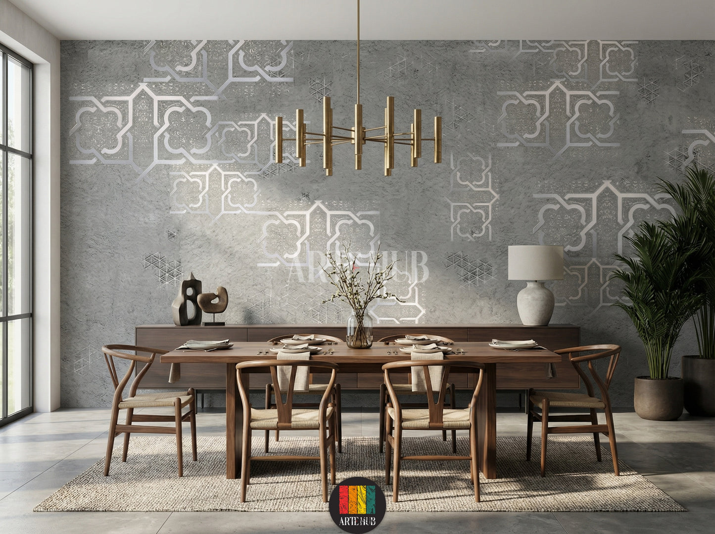 Elegant grey wallpaper with silver Moroccan geometric patterns adorns a luxurious Egyptian dining room. Features cream sofas, ornate tables, and traditional lanterns.
غرفة سفرة فاخرة بورق حائط رمادي بنقوش هندسية مغربية فضية. أرائك كريمية، طاولات مزخرفة، وفوانيس تقليدية تبرز الديكور الراقي في مصر.
room: dining room