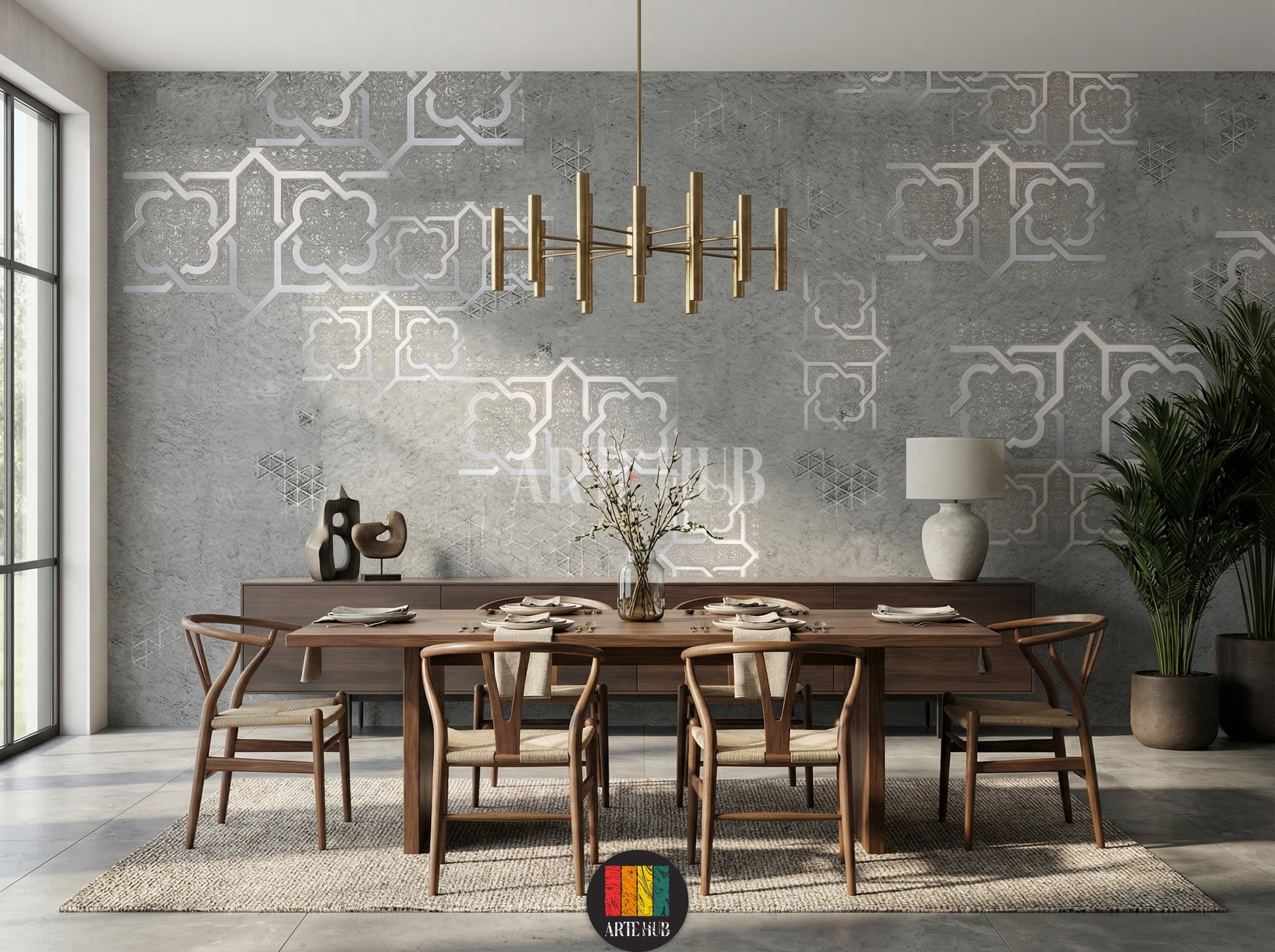Elegant grey wallpaper with silver Moroccan geometric patterns adorns a luxurious Egyptian dining room. Features cream sofas, ornate tables, and traditional lanterns.
غرفة سفرة فاخرة بورق حائط رمادي بنقوش هندسية مغربية فضية. أرائك كريمية، طاولات مزخرفة، وفوانيس تقليدية تبرز الديكور الراقي في مصر.
room: dining room