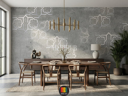 Elegant grey wallpaper with silver Moroccan geometric patterns adorns a luxurious Egyptian dining room. Features cream sofas, ornate tables, and traditional lanterns.
غرفة سفرة فاخرة بورق حائط رمادي بنقوش هندسية مغربية فضية. أرائك كريمية، طاولات مزخرفة، وفوانيس تقليدية تبرز الديكور الراقي في مصر.
room: dining room