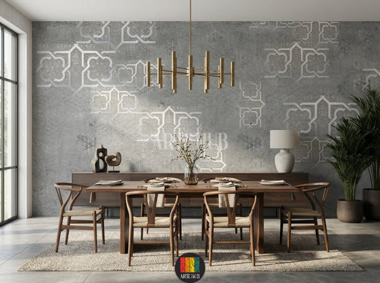 Elegant grey wallpaper with silver Moroccan geometric patterns adorns a luxurious Egyptian dining room. Features cream sofas, ornate tables, and traditional lanterns.
غرفة سفرة فاخرة بورق حائط رمادي بنقوش هندسية مغربية فضية. أرائك كريمية، طاولات مزخرفة، وفوانيس تقليدية تبرز الديكور الراقي في مصر.
room: dining room