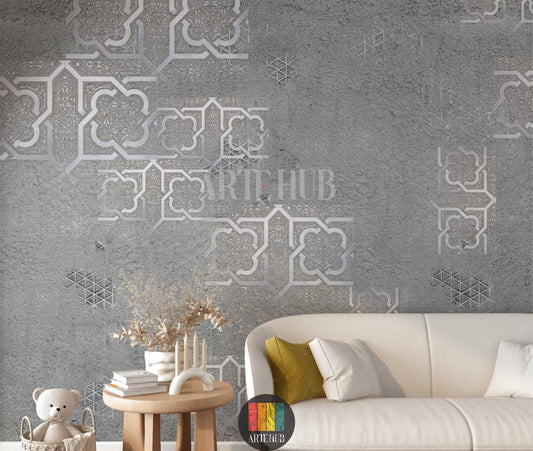 Elegant grey wallpaper with silver Moroccan geometric patterns adorns a luxurious Egyptian living room. Features cream sofas, ornate tables, and traditional lanterns.
غرفة معيشة فاخرة بورق حائط رمادي بنقوش هندسية مغربية فضية. أرائك كريمية، طاولات مزخرفة، وفوانيس تقليدية تبرز الديكور الراقي في مصر.
room: living room
