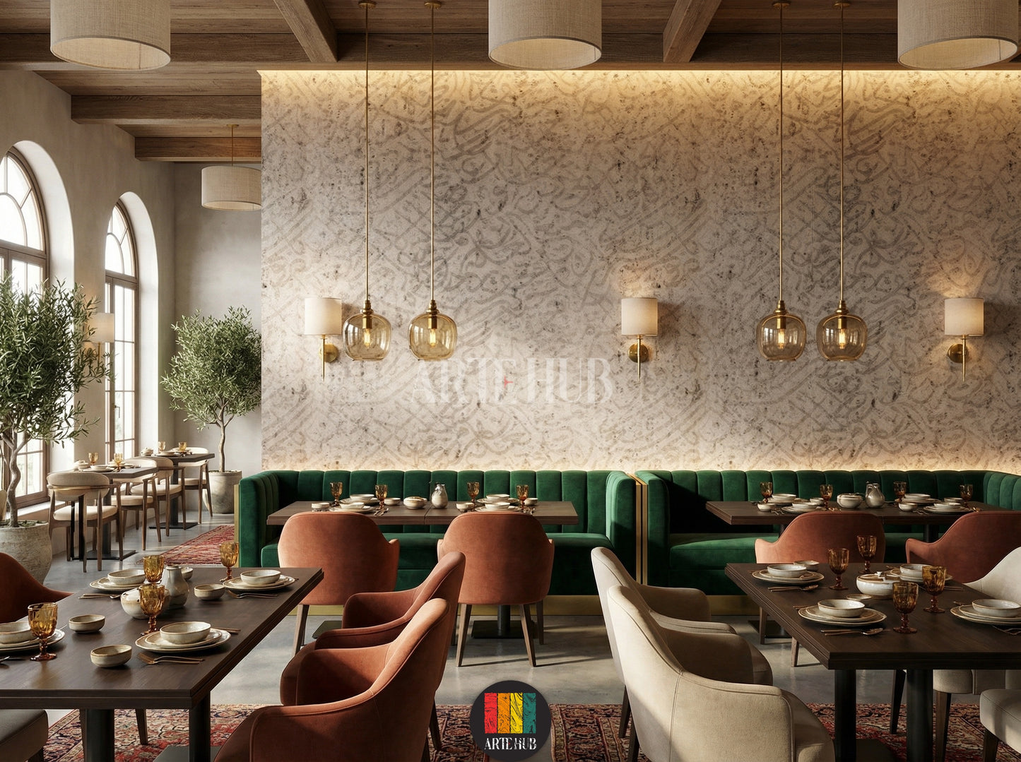 Detailed view of a restaurant wall adorned with light beige textured wallpaper featuring abstract Arabic calligraphy. A stylish grey sofa, a white marble coffee table, and a grey side table complete the contemporary Egyptian interior decor.
منظر تفصيلي لجدار مطعم عصري مزين بورق حائط بيج فاتح بنقوش خط عربي تجريدي. تظهر كنبة رمادية أنيقة وطاولة قهوة رخامية بيضاء وطاولة جانبية رمادية لتكمل الديكور الداخلي العصري في مصر.
room: restaurant