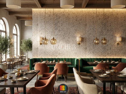 Detailed view of a restaurant wall adorned with light beige textured wallpaper featuring abstract Arabic calligraphy. A stylish grey sofa, a white marble coffee table, and a grey side table complete the contemporary Egyptian interior decor.
منظر تفصيلي لجدار مطعم عصري مزين بورق حائط بيج فاتح بنقوش خط عربي تجريدي. تظهر كنبة رمادية أنيقة وطاولة قهوة رخامية بيضاء وطاولة جانبية رمادية لتكمل الديكور الداخلي العصري في مصر.
room: restaurant