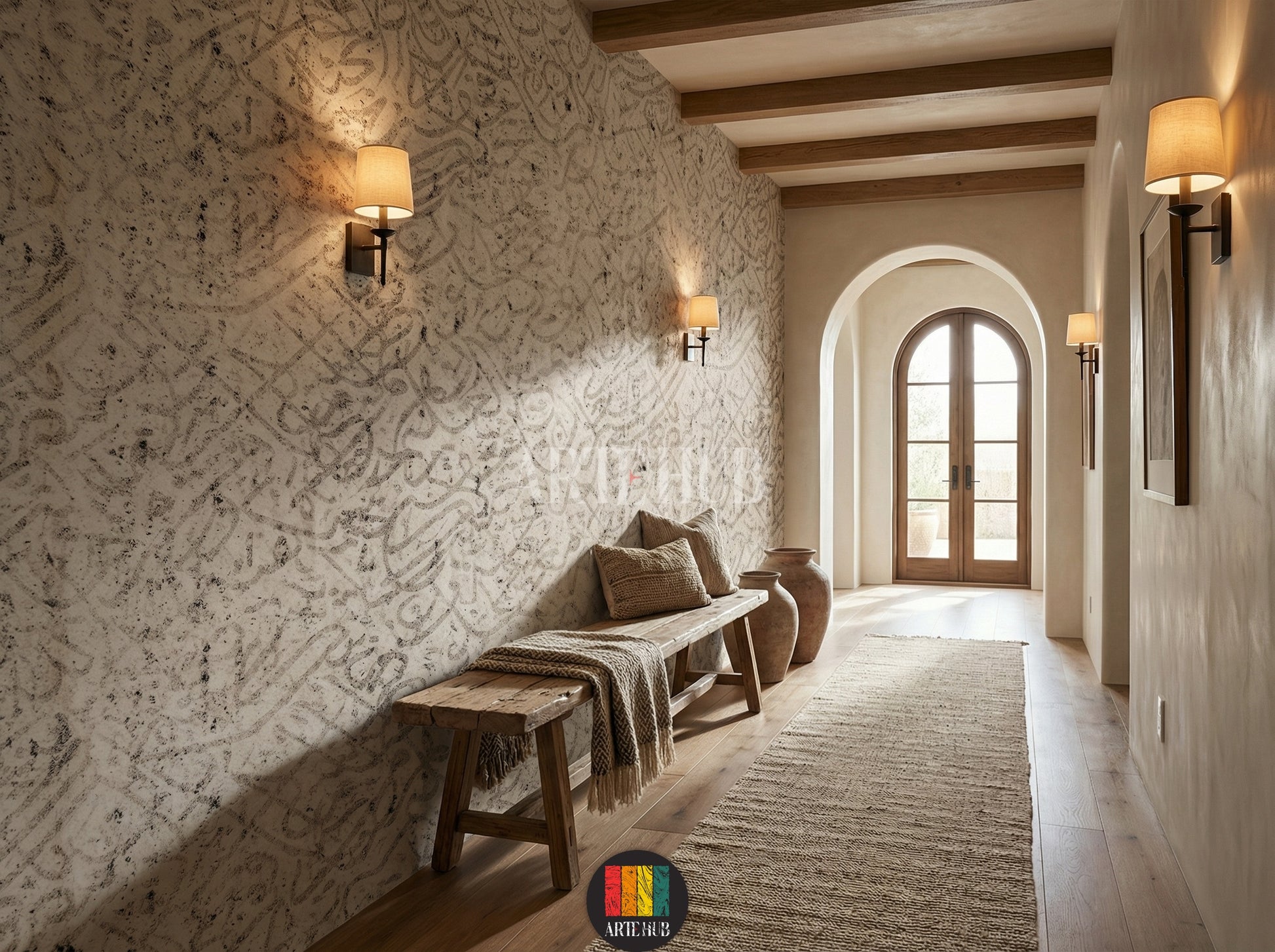 Detailed view of a halway wall adorned with light beige textured wallpaper featuring abstract Arabic calligraphy. A stylish grey sofa, a white marble coffee table, and a grey side table complete the contemporary Egyptian interior decor.
منظر تفصيلي لجدار طرقة عصرية مزين بورق حائط بيج فاتح بنقوش خط عربي تجريدي. تظهر كنبة رمادية أنيقة وطاولة قهوة رخامية بيضاء وطاولة جانبية رمادية لتكمل الديكور الداخلي العصري في مصر.
room: halway
