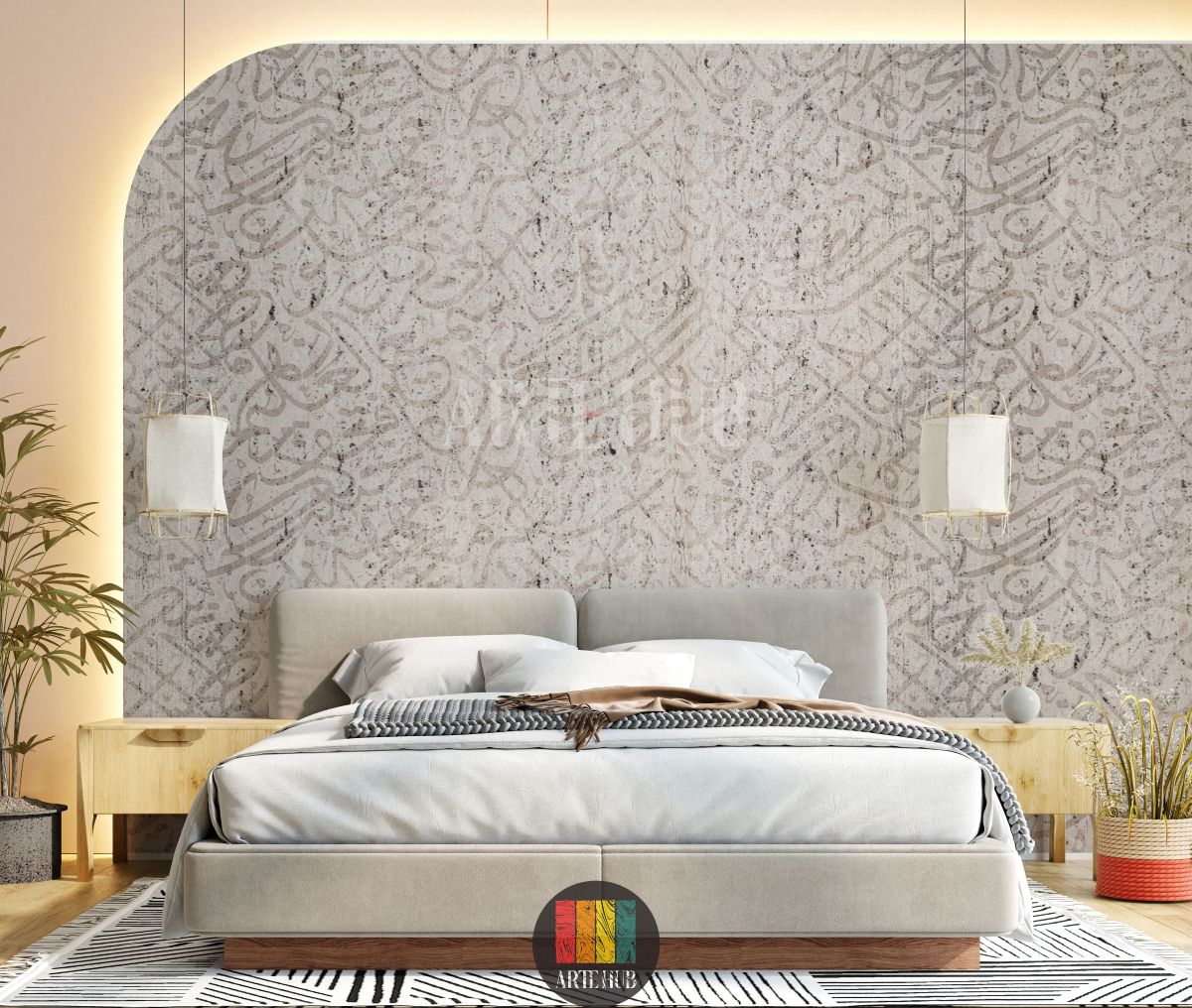 Detailed view of a modern bedroom wall adorned with light beige textured wallpaper featuring abstract Arabic calligraphy. A stylish grey sofa, a white marble coffee table, and a grey side table complete the contemporary Egyptian interior decor.
منظر تفصيلي لجدار غرفة نوم عصرية مزين بورق حائط بيج فاتح بنقوش خط عربي تجريدي. تظهر كنبة رمادية أنيقة وطاولة قهوة رخامية بيضاء وطاولة جانبية رمادية لتكمل الديكور الداخلي العصري في مصر.
room: bedroom
