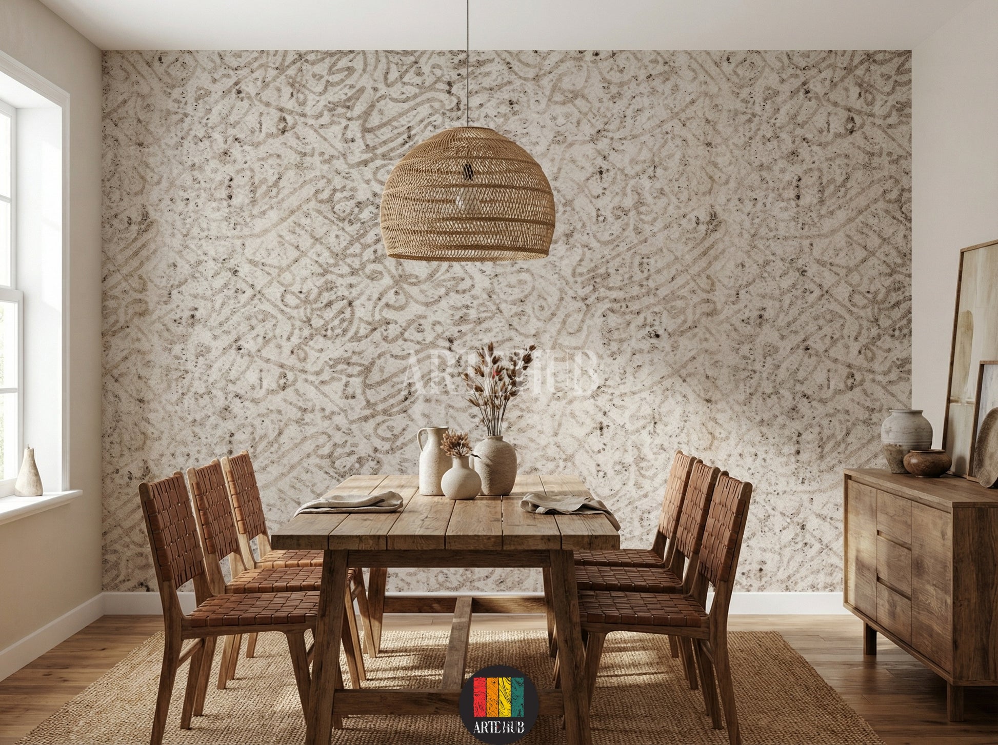 Detailed view of a modern dining room wall adorned with light beige textured wallpaper featuring abstract Arabic calligraphy. A stylish grey sofa, a white marble coffee table, and a grey side table complete the contemporary Egyptian interior decor.
منظر تفصيلي لجدار غرفة سفرة عصرية مزين بورق حائط بيج فاتح بنقوش خط عربي تجريدي. تظهر كنبة رمادية أنيقة وطاولة قهوة رخامية بيضاء وطاولة جانبية رمادية لتكمل الديكور الداخلي العصري في مصر.
room: dining room