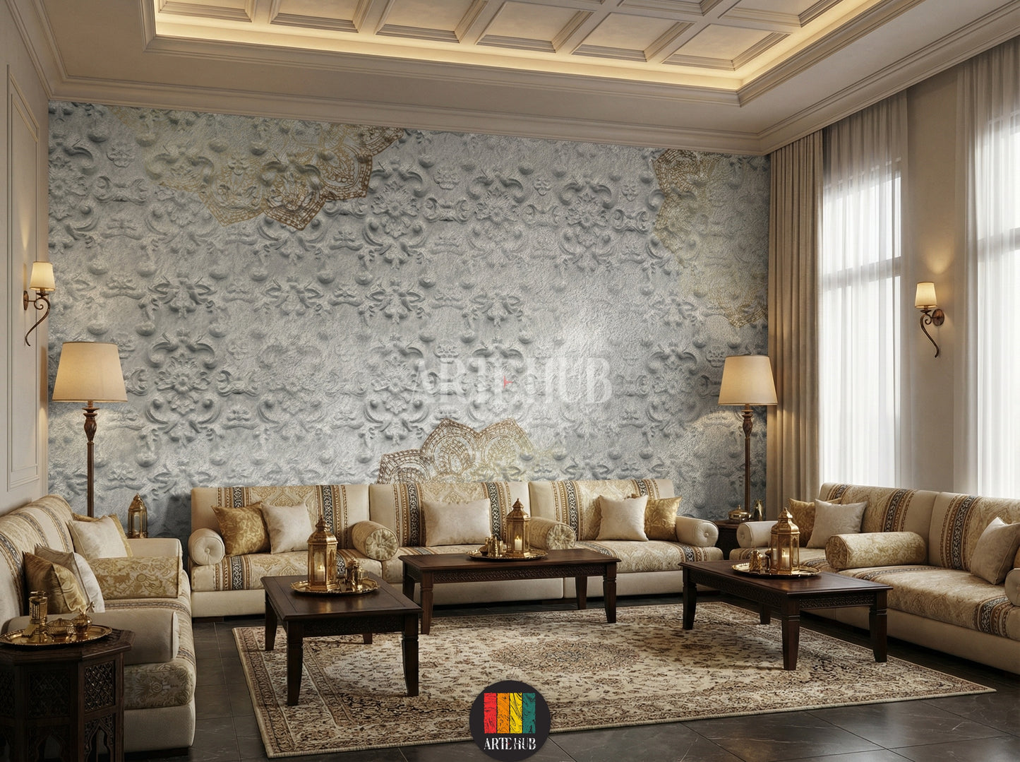 A luxurious majles room featuring a light grey textured wallpaper with elegant gold ornamental accents. The room includes a dark wood dining table, cream velvet chairs, a gold chandelier, and a white marble side cabinet, enhancing sophisticated home decor in Egypt.
غرفة طعام فاخرة بتصميم مودرن يضم ورق حائط رمادي فاتح بنقوش بارزة وزخارف ذهبية أنيقة. الطاولة الخشبية الداكنة والكراسي المخملية الكريمية والثريا الذهبية تبرز جمال الديكور المنزلي في مصر.
room: majles room