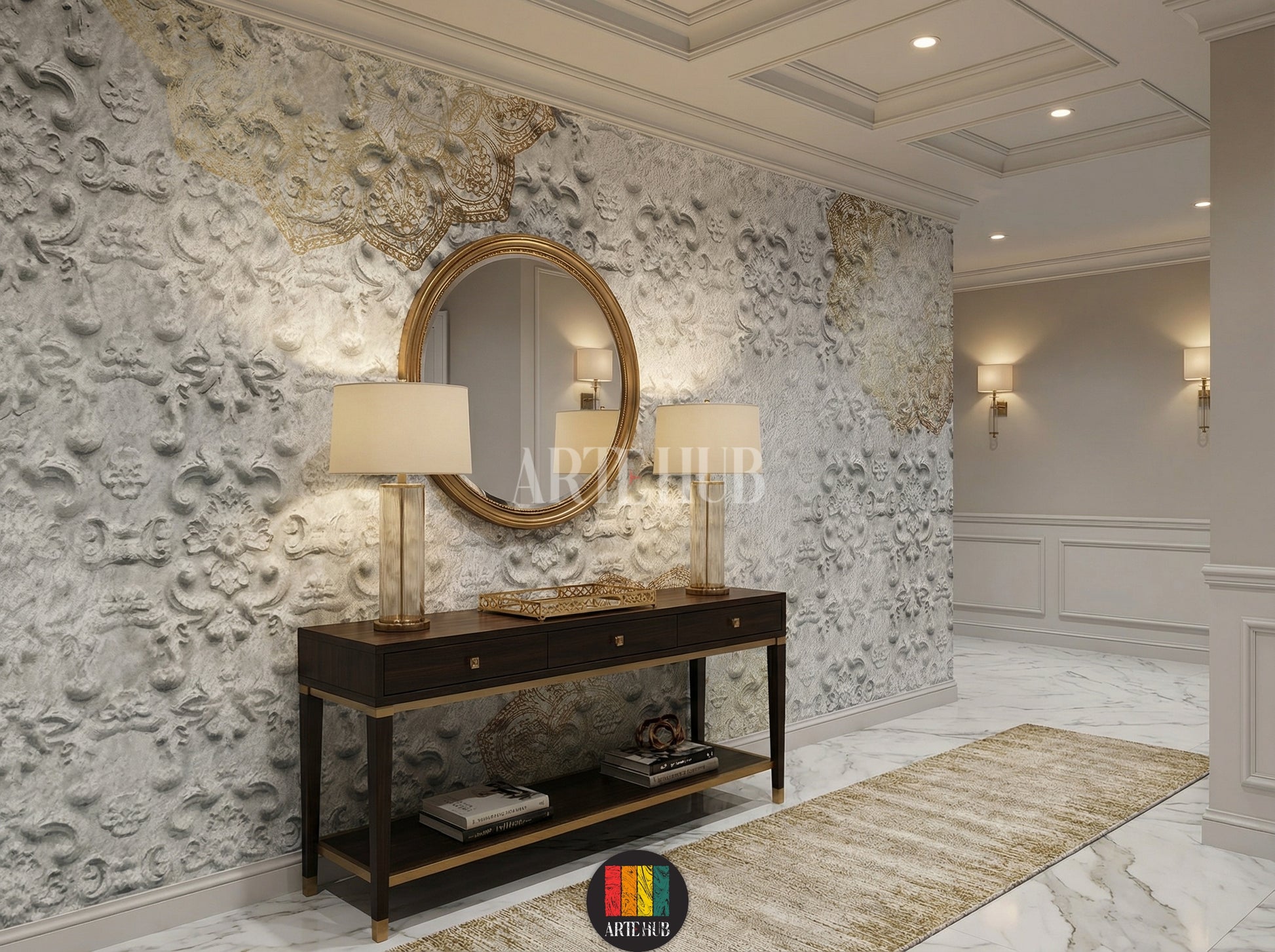 A luxurious hallway featuring a light grey textured wallpaper with elegant gold ornamental accents. The room includes a dark wood table, cream velvet chairs, a gold chandelier, and a white marble side cabinet, enhancing sophisticated home decor in Egypt.
ممر فاخر بتصميم مودرن يضم ورق حائط رمادي فاتح بنقوش بارزة وزخارف ذهبية أنيقة. الطاولة الخشبية الداكنة والكراسي المخملية الكريمية والثريا الذهبية تبرز جمال الديكور المنزلي في مصر.
room: hallway