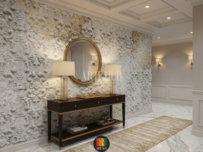 A luxurious hallway featuring a light grey textured wallpaper with elegant gold ornamental accents. The room includes a dark wood table, cream velvet chairs, a gold chandelier, and a white marble side cabinet, enhancing sophisticated home decor in Egypt.
ممر فاخر بتصميم مودرن يضم ورق حائط رمادي فاتح بنقوش بارزة وزخارف ذهبية أنيقة. الطاولة الخشبية الداكنة والكراسي المخملية الكريمية والثريا الذهبية تبرز جمال الديكور المنزلي في مصر.
room: hallway