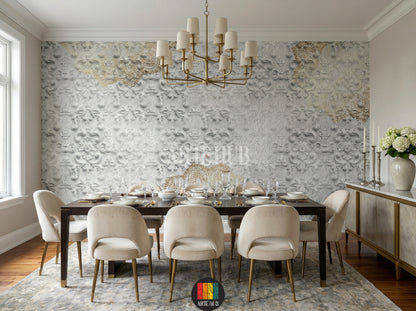 A luxurious dining room featuring a light grey textured wallpaper with elegant gold ornamental accents. The room includes a dark wood dining table, cream velvet chairs, a gold chandelier, and a white marble side cabinet, enhancing sophisticated home decor in Egypt.
غرفة طعام فاخرة بتصميم مودرن يضم ورق حائط رمادي فاتح بنقوش بارزة وزخارف ذهبية أنيقة. الطاولة الخشبية الداكنة والكراسي المخملية الكريمية والثريا الذهبية تبرز جمال الديكور المنزلي في مصر.
room: dining room
