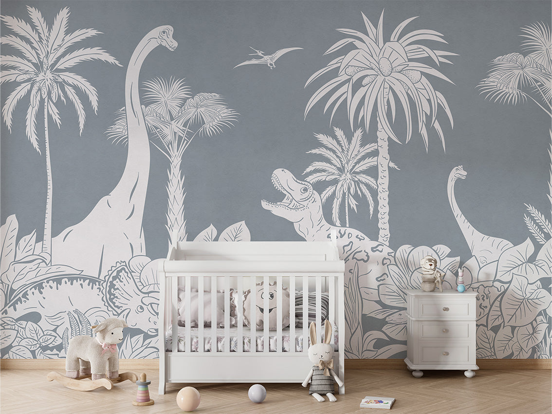 Monochrome Dino - Blue luxury wallpaper in kids room interior — Artehub Egypt