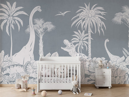 Monochrome Dino - Blue luxury wallpaper in kids room interior — Artehub Egypt