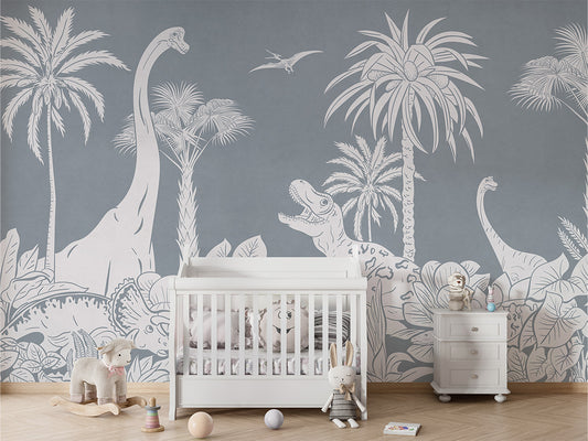 Monochrome Dino - Blue luxury wallpaper in kids room interior — Artehub Egypt