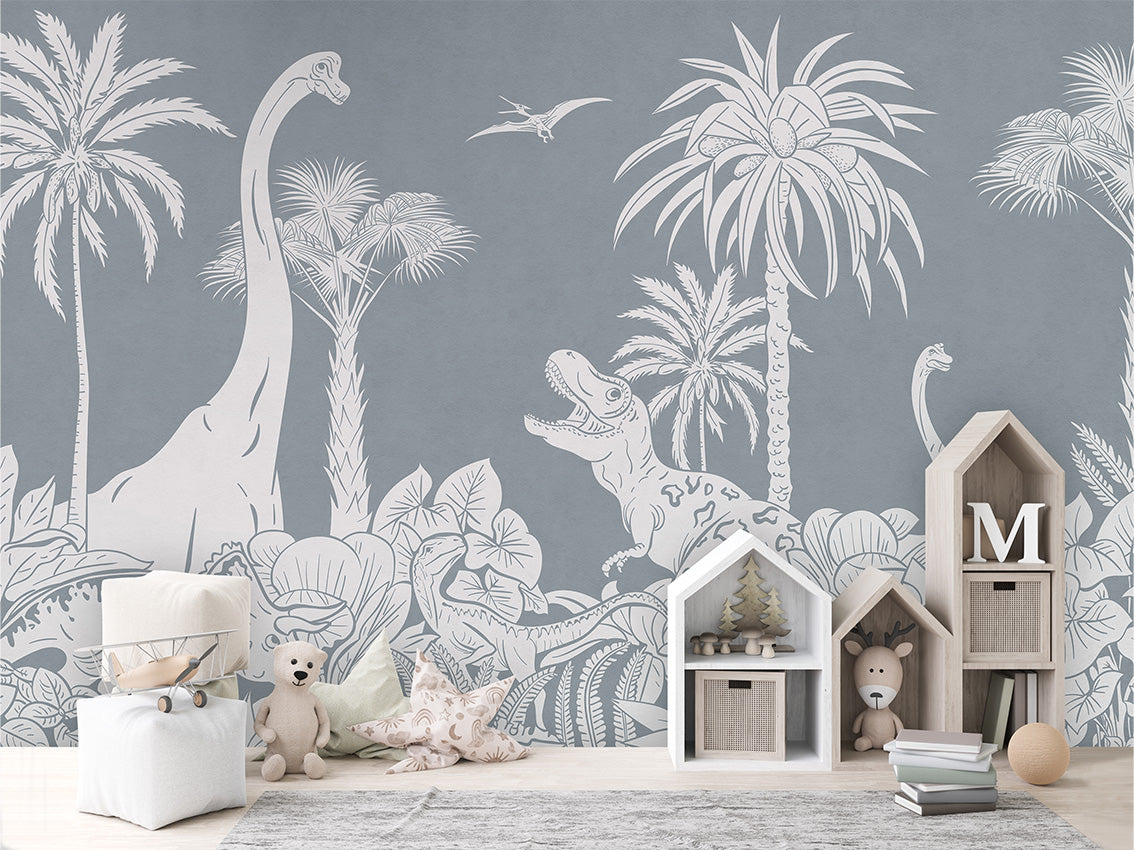 Monochrome Dino - Blue luxury wallpaper in kids room interior — Artehub Egypt