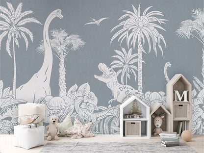 Monochrome Dino - Blue luxury wallpaper in kids room interior — Artehub Egypt