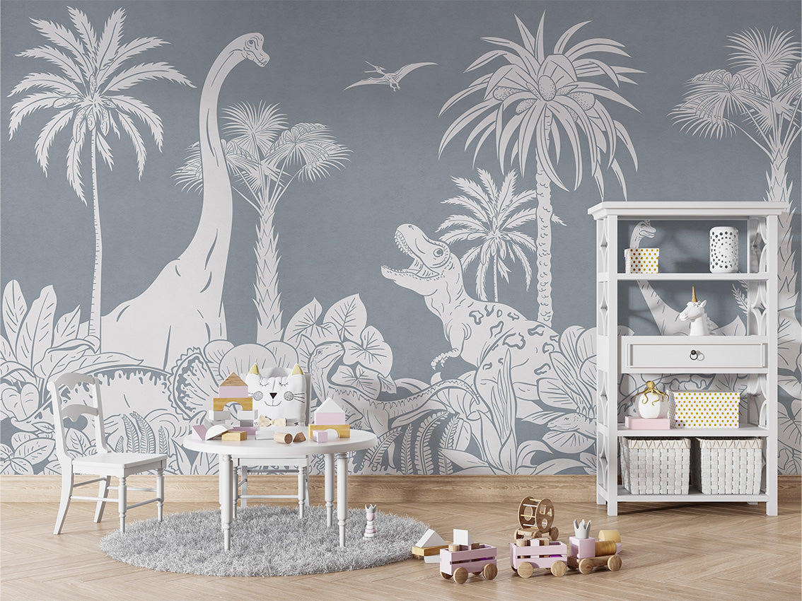 Monochrome Dino - Blue luxury wallpaper in kids room interior — Artehub Egypt