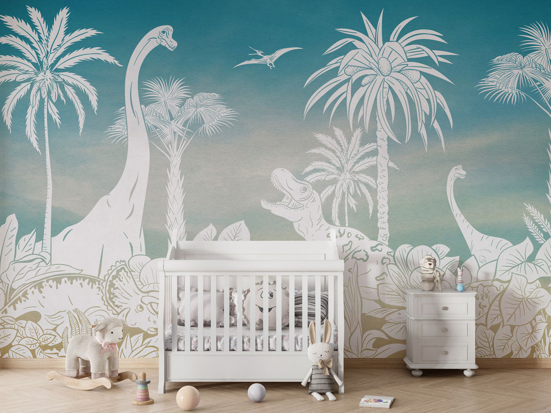 Monochrome Dino - Blue Sky luxury wallpaper in kids room interior — Artehub Egypt