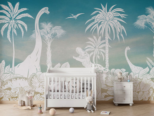 Monochrome Dino - Blue Sky luxury wallpaper in kids room interior — Artehub Egypt
