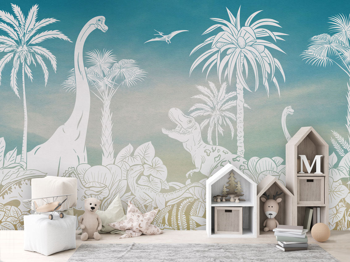Monochrome Dino - Blue Sky luxury wallpaper in kids room interior — Artehub Egypt