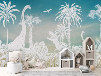 Monochrome Dino - Blue Sky luxury wallpaper in kids room interior — Artehub Egypt