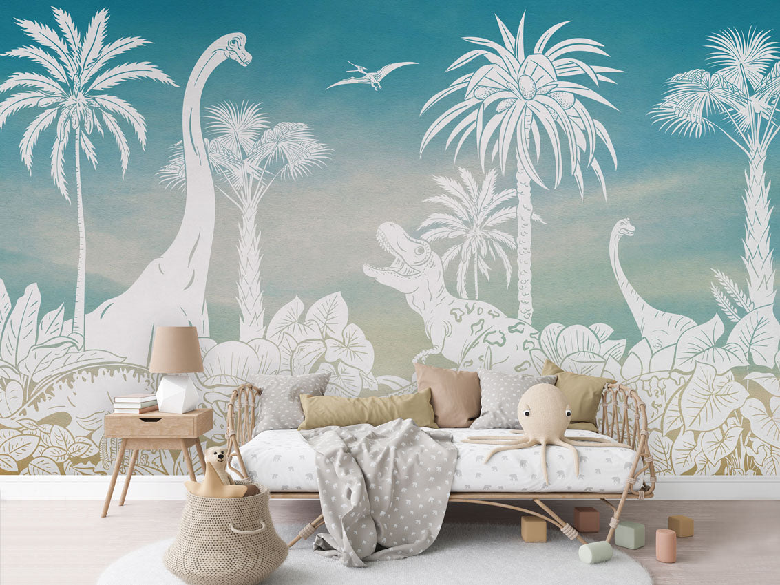 Monochrome Dino - Blue Sky luxury wallpaper in kids room interior — Artehub Egypt